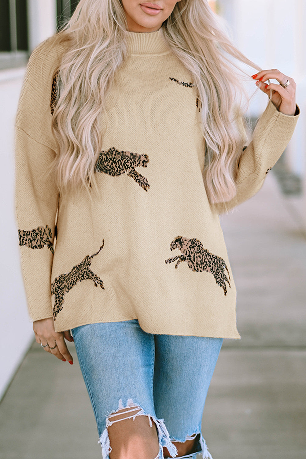 Lively Cheetah Print High Neck Split Hem Sweater