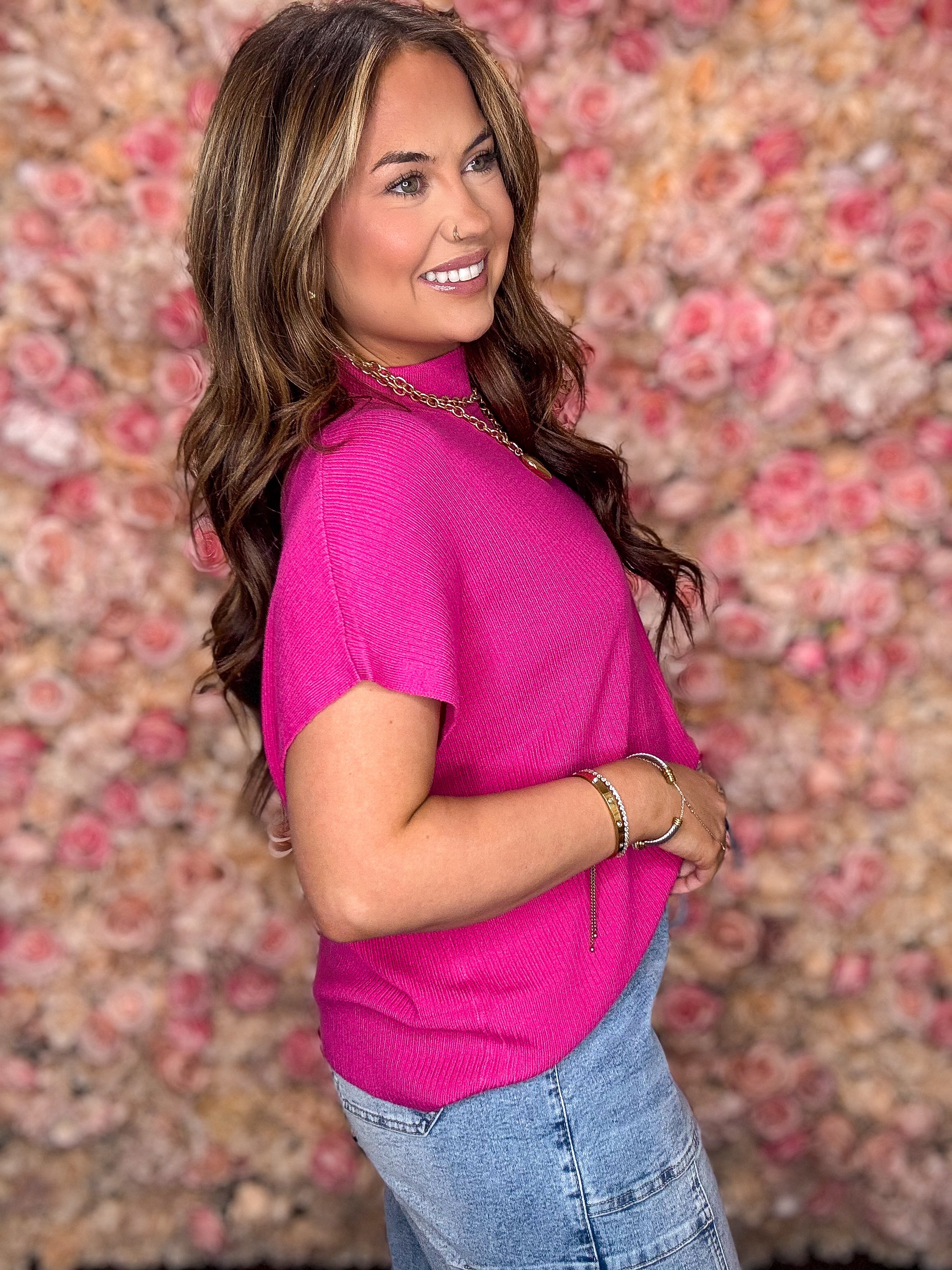 Hot Pink Mock Neck Sweater Top