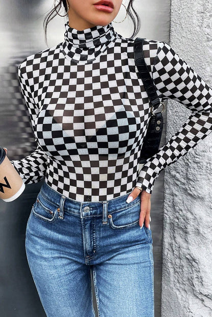 Black Checkered Long Sleeve Bodysuit