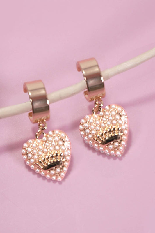 Pearl Heart Crown Drop Huggie Hoop Earrings