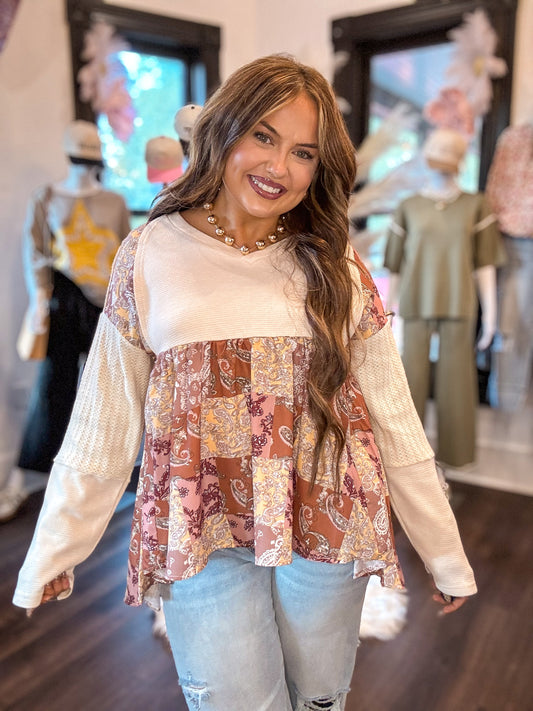 Beige Paisley Print Patchwork Long Sleeve Top