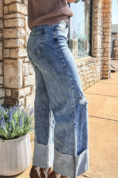Ashleigh Blue Mineral Wash Bottom Cuff Distressed Wide Leg Jeans