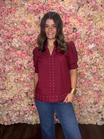Burgundy Studded Puff Sleeve Blouse