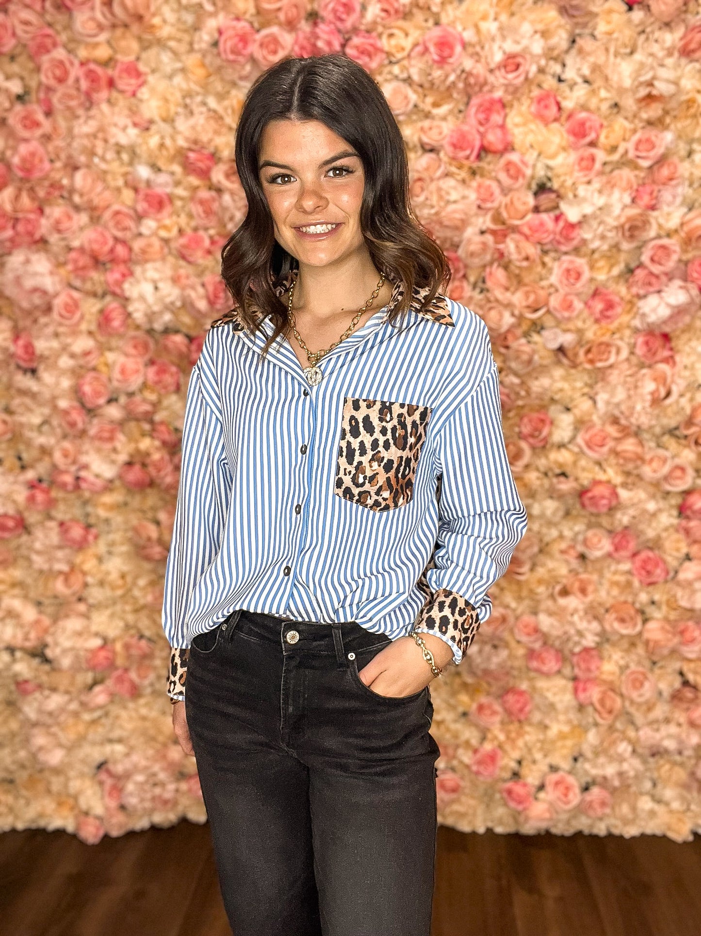 Sky Blue Striped + Leopard Patchwork Button Up Shirt