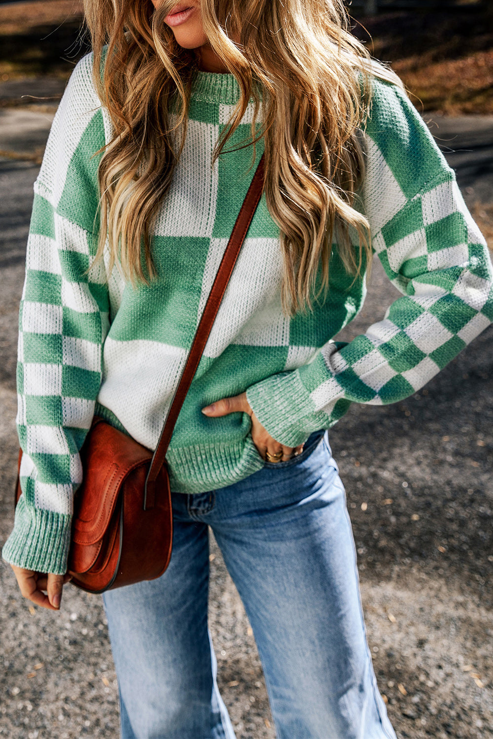 Mint Green Checkered Print Sweater