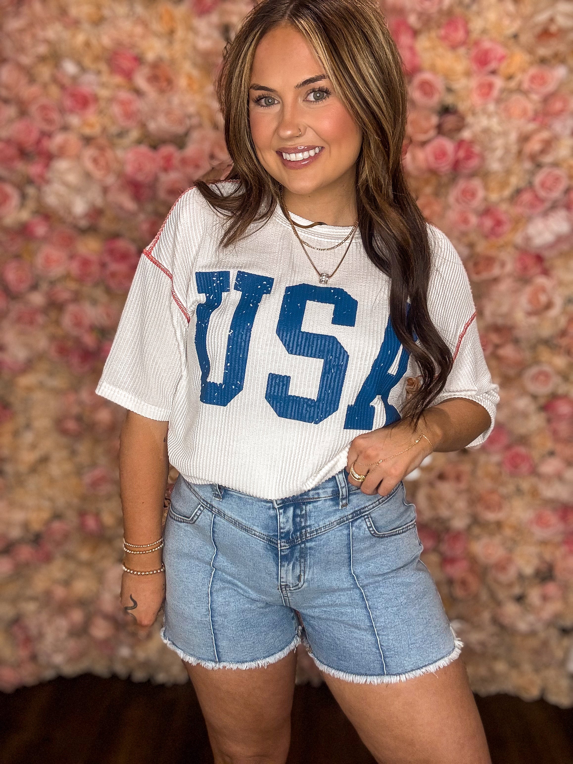 Medium Wash High Waist Frayed Denim Shorts