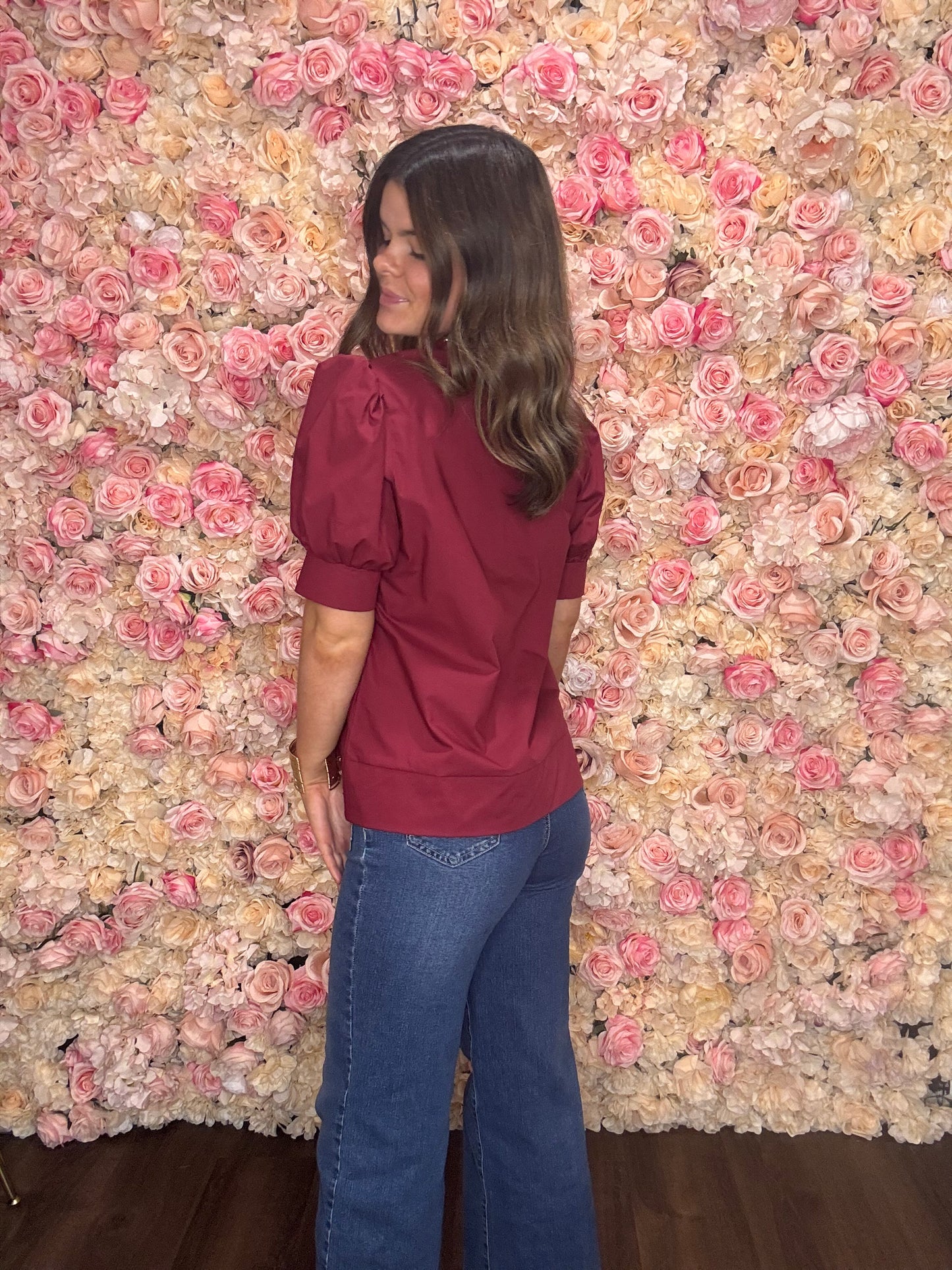 Burgundy Studded Puff Sleeve Blouse