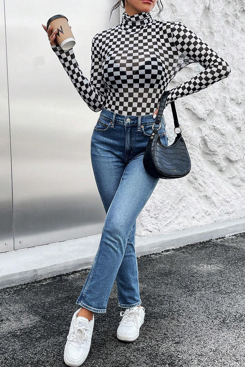 Black Checkered Long Sleeve Bodysuit