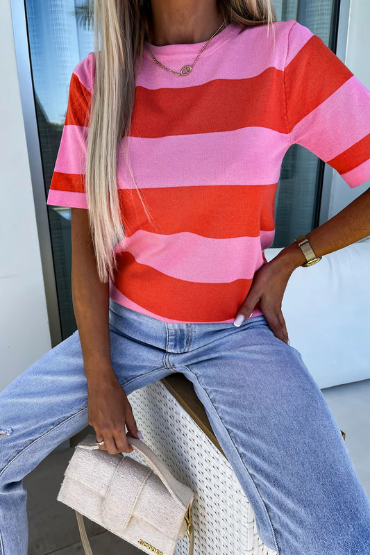 Bright Pink Colorblock Striped Top