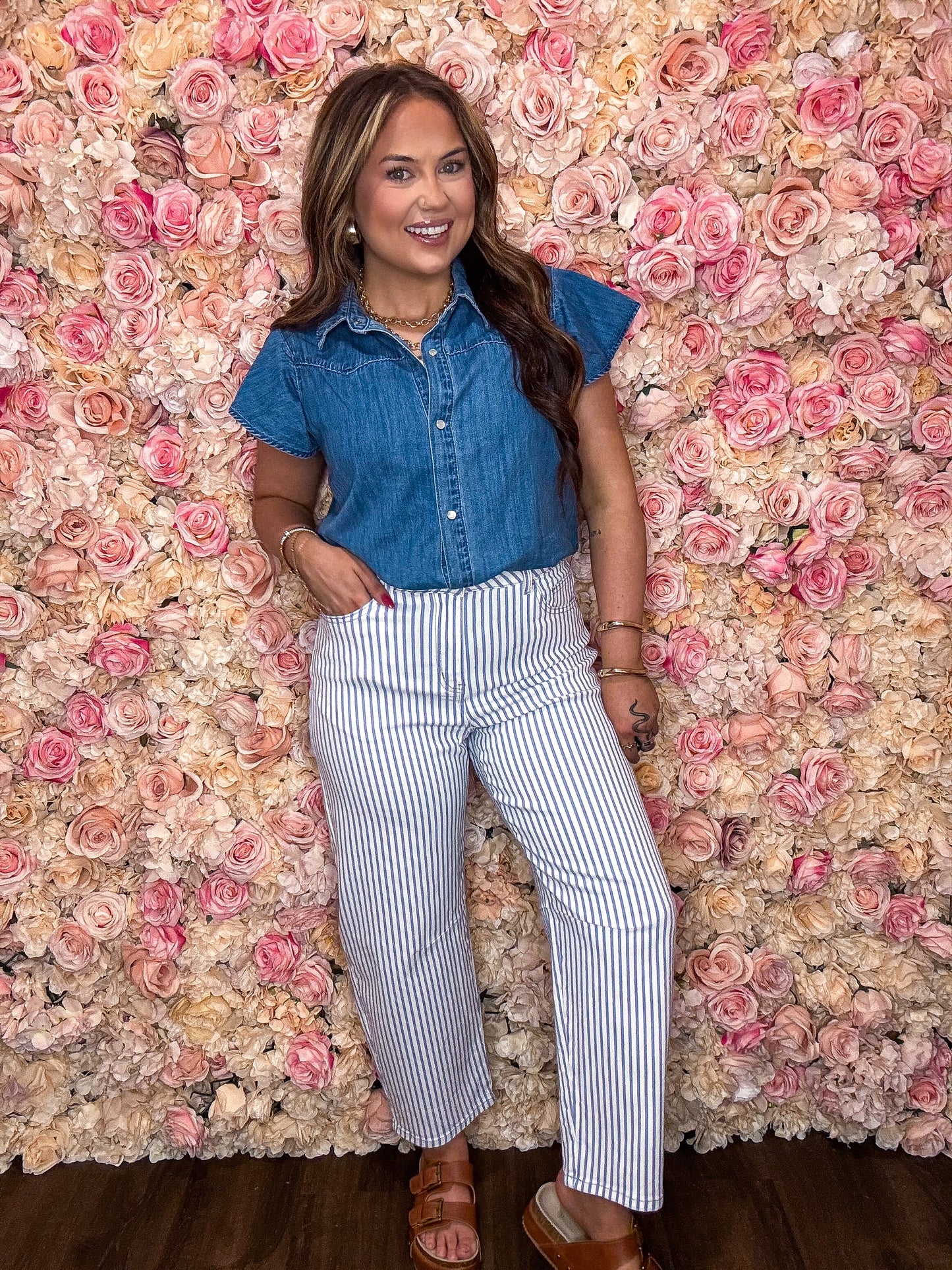 Dusk Blue Ruffled Sleeve Denim Blouse