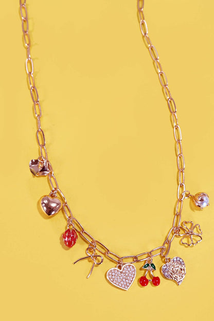 Multi Charm Bow Cherry Heart Neclace