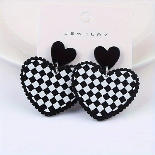 Black Checkered Heart Earrings