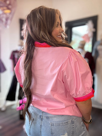 Pink Striped V Neck Puff Sleeve Blouse