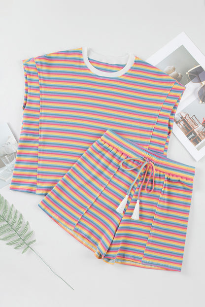 Pink Stripe Tee & Tasseled Shorts Set