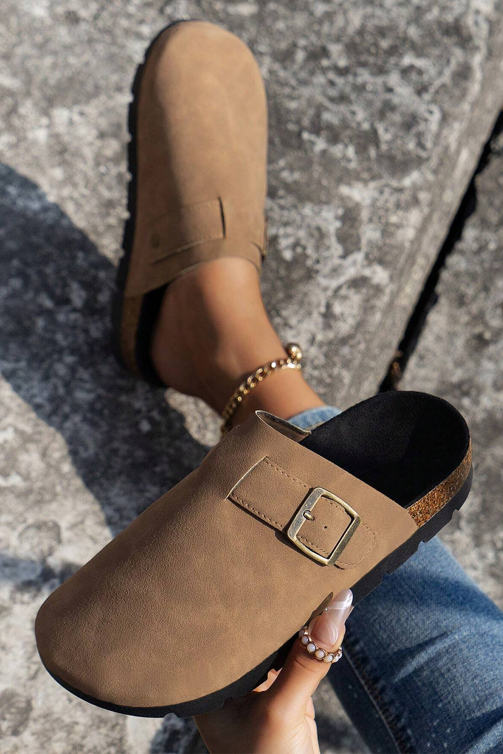 French Beige Suede Buckle Detail Shoes