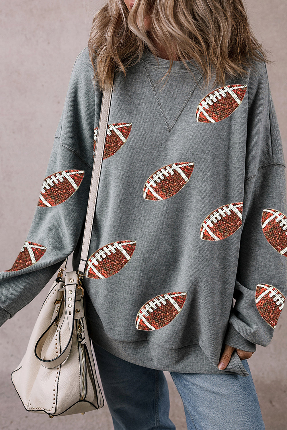 Sequin Football Sweatshirt in Grey