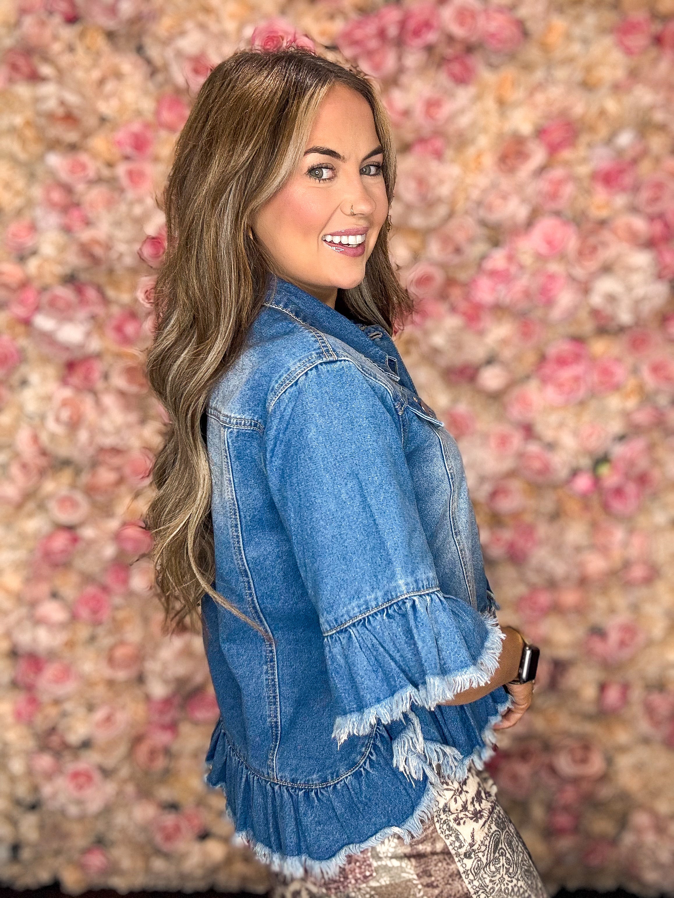 Frayed Ruffle Hem Denim Shacket