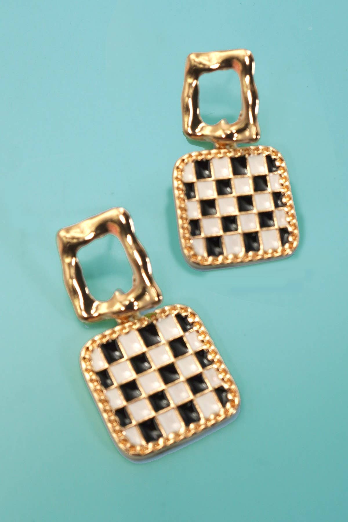 Double Square Checkered Drop Earrings