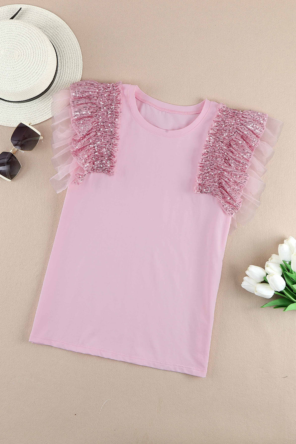 Pink Sequined Ruffle Top