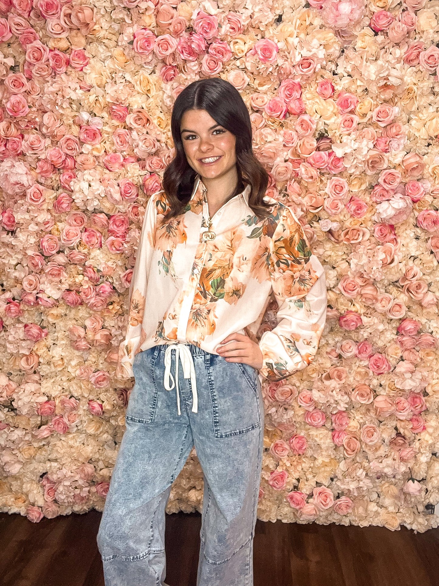 Rustic Orange Floral Puff Sleeve Blouse