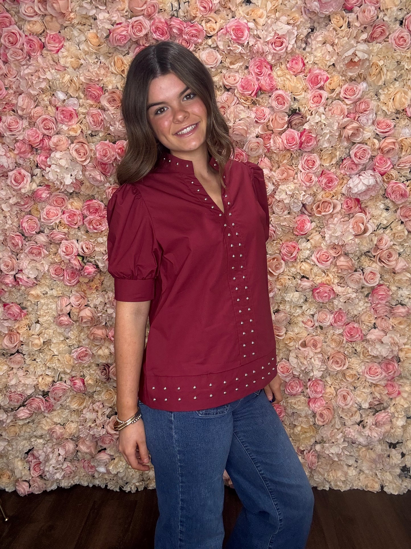 Burgundy Studded Puff Sleeve Blouse