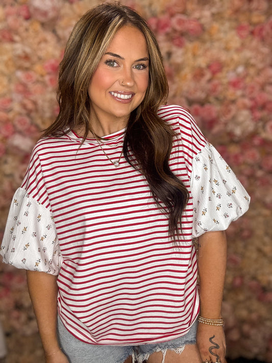 Red Stripe Floral Puff Sleeve Top