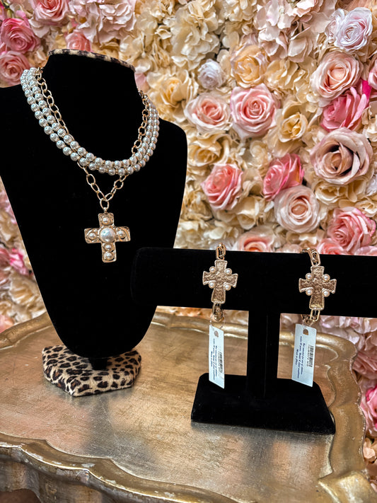 Pearl Cross Layered Chain Necklace