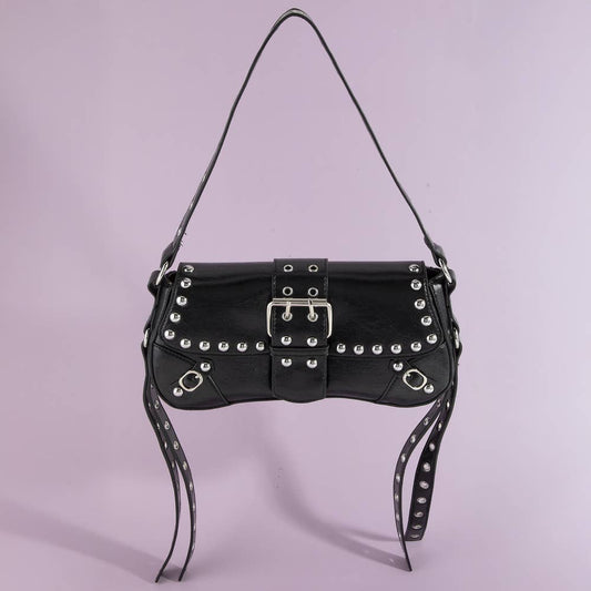Studded Grommet Strap Buckle Flap Shoulder Bag