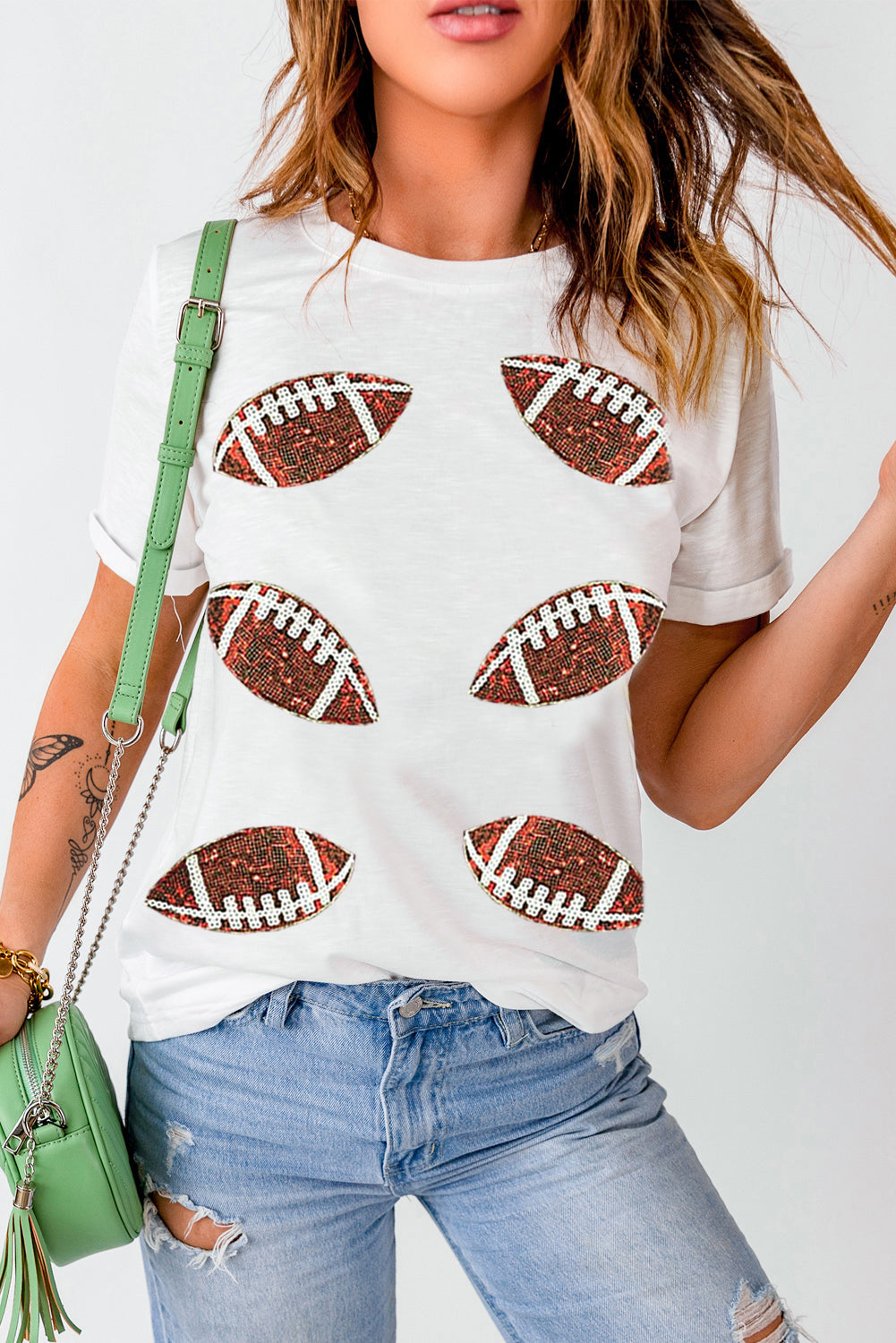 Sequined Football Tee in White