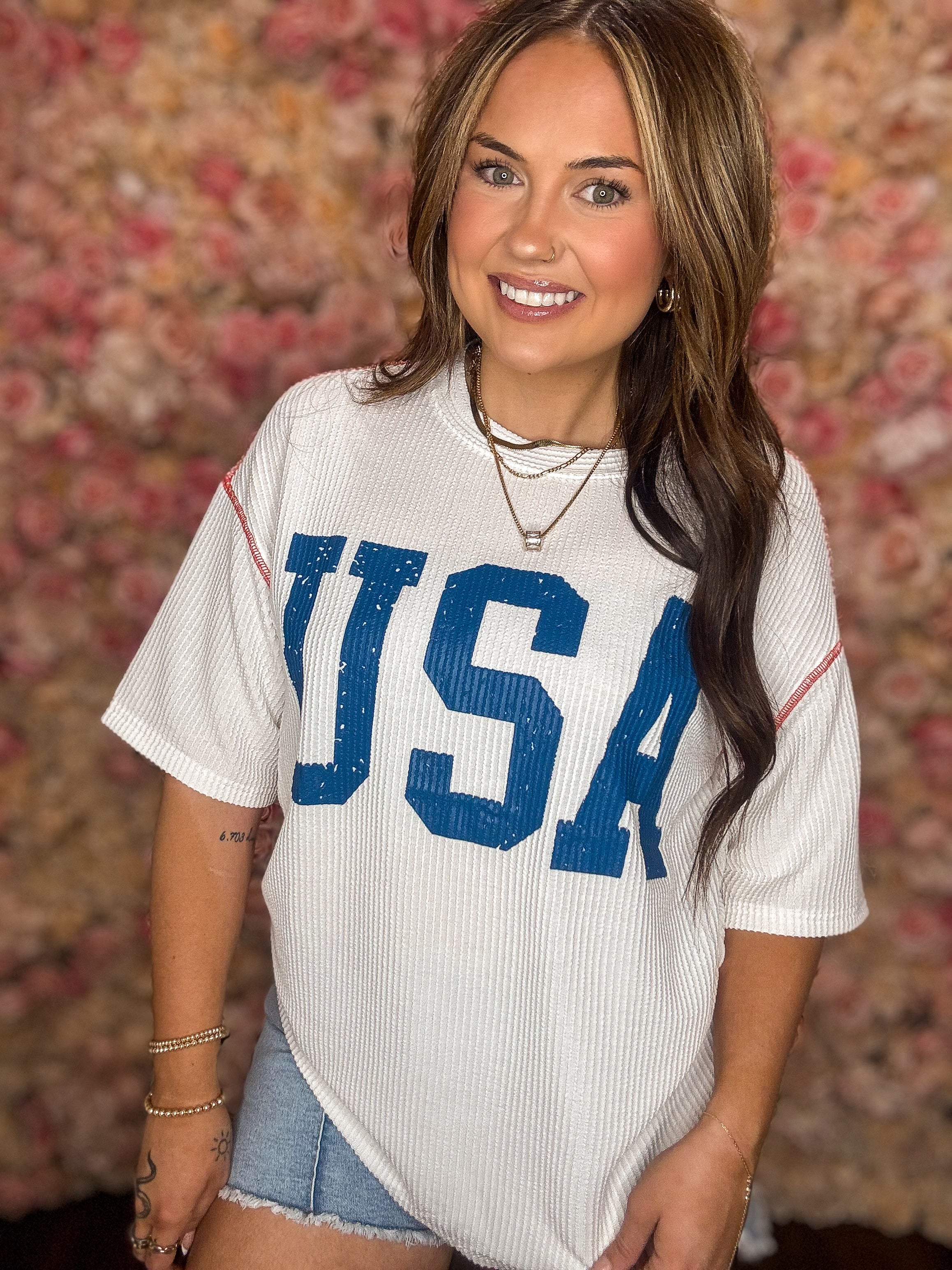 White USA Oversized Ribbed Tee