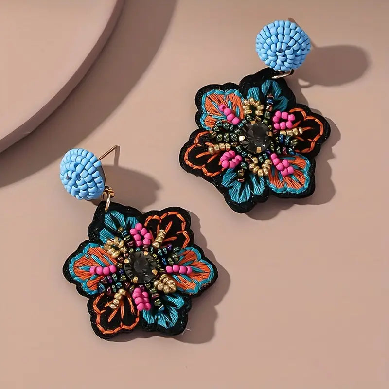 Boho Embroidered Flower Beaded Dangle Earrings