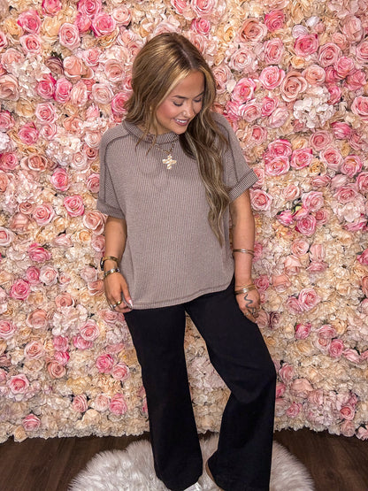Raised Rib Cuff Sleeve Raw Edge Top