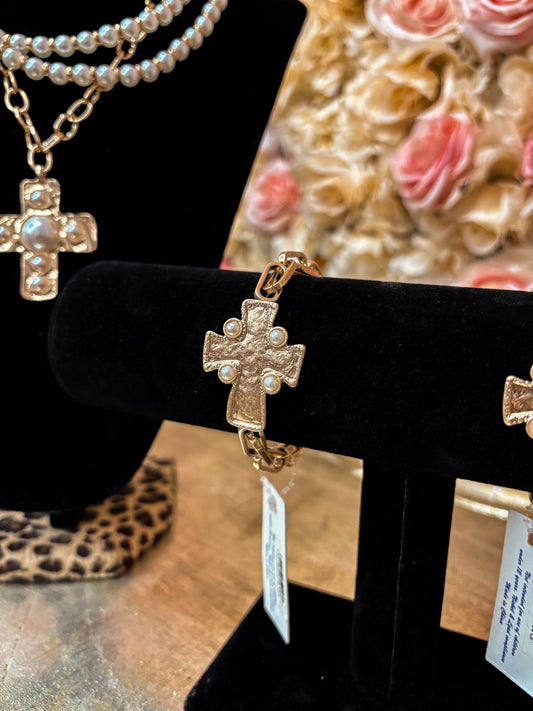 Pearl-Studded Gold Cross Link Bracelet