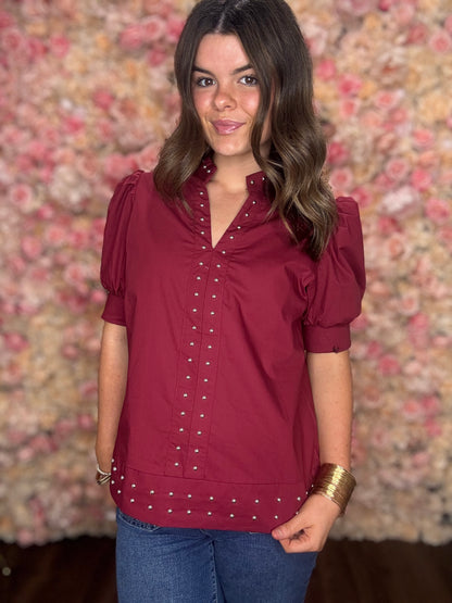 Burgundy Studded Puff Sleeve Blouse