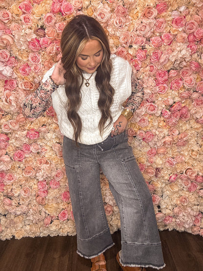 Ash Grey Drawstring Wide Leg Jeans