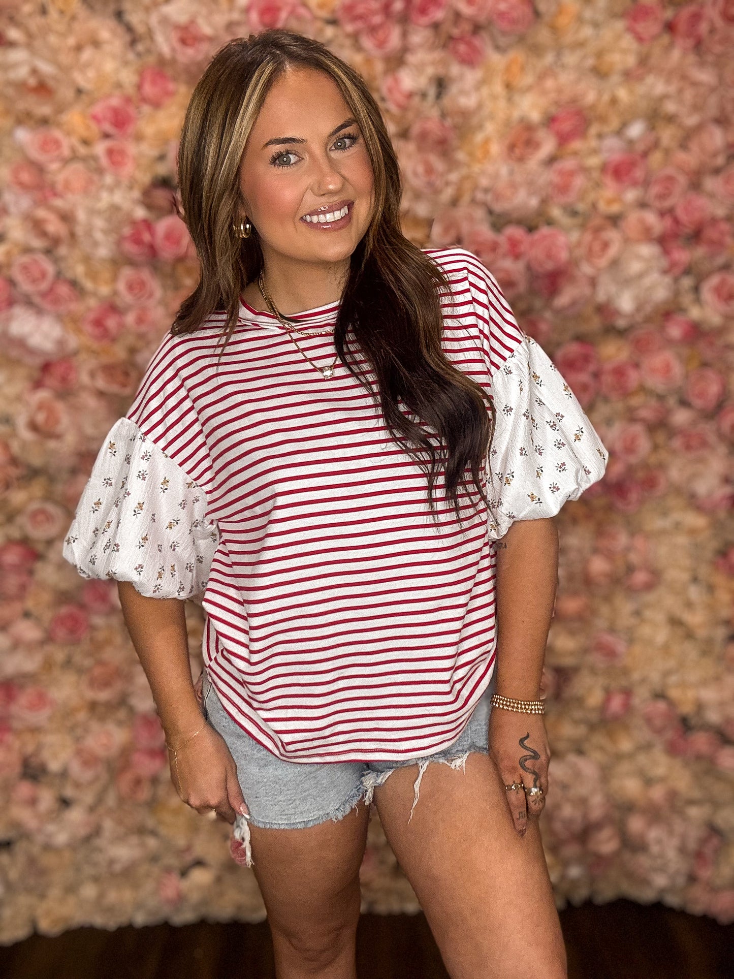 Red Stripe Floral Puff Sleeve Top