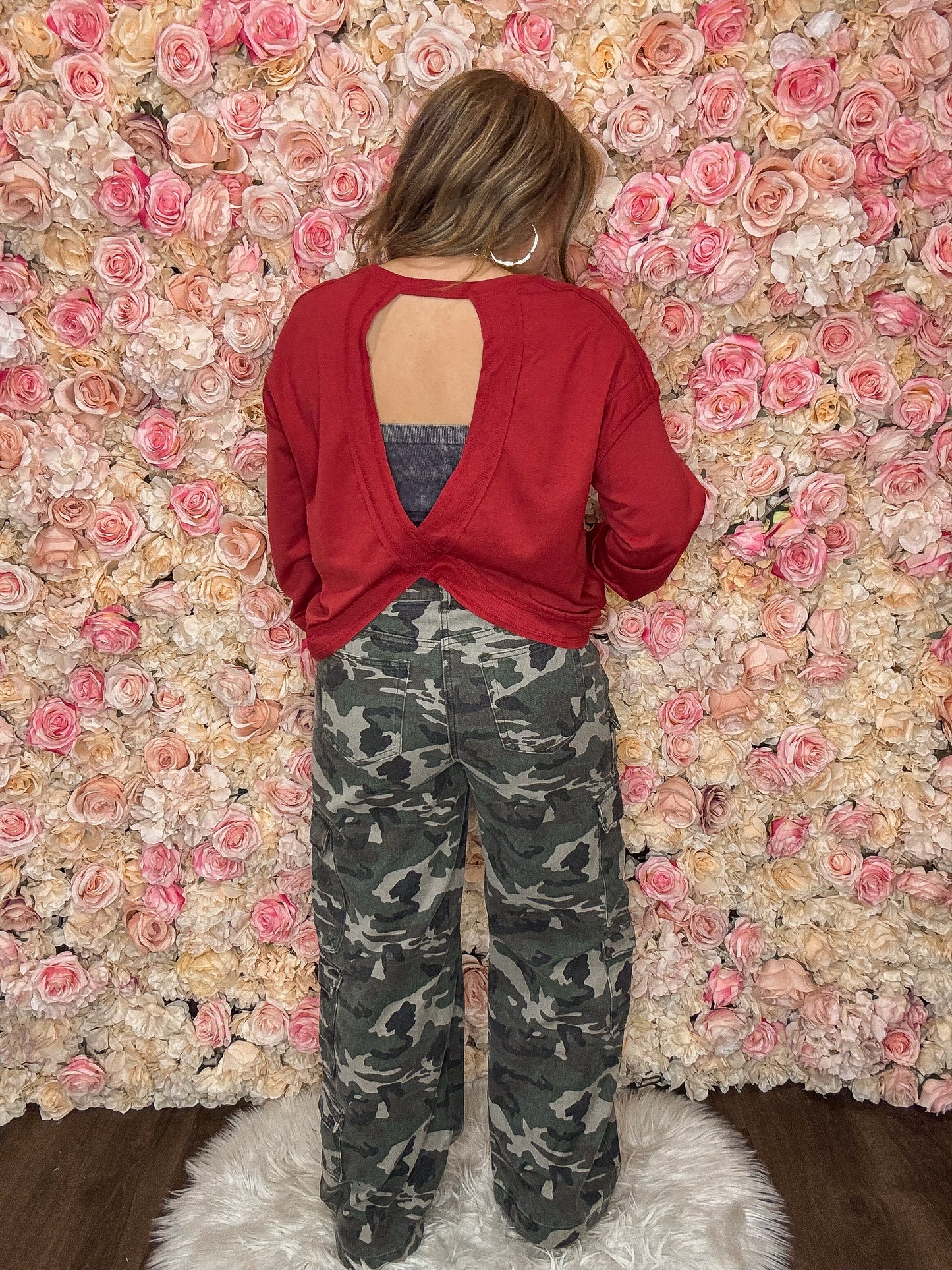 Maroon Twist Open Back Long Sleeve Top