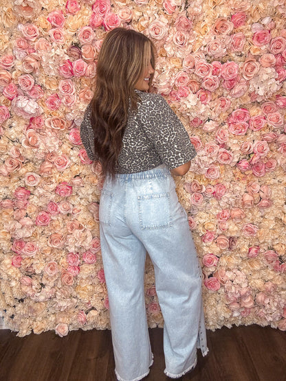 Gold Studded Pleated Wide Leg Jeans