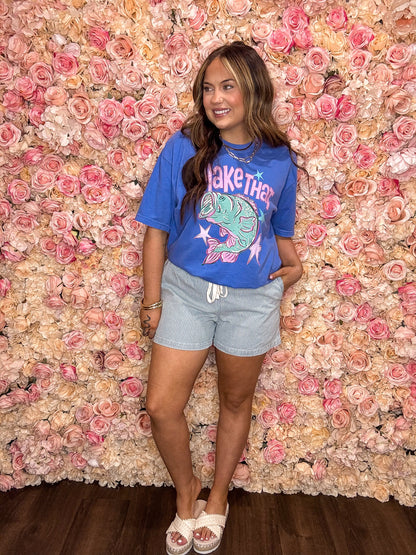 Sky Blue Striped Drawstring Denim Shorts