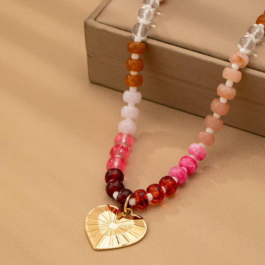 Multicolor Beaded Heart Charm Necklace
