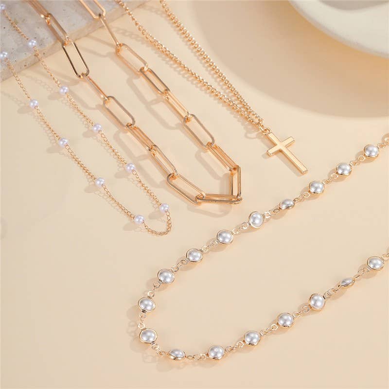 Layered Gold & Pearl Cross Statement Necklace Stack