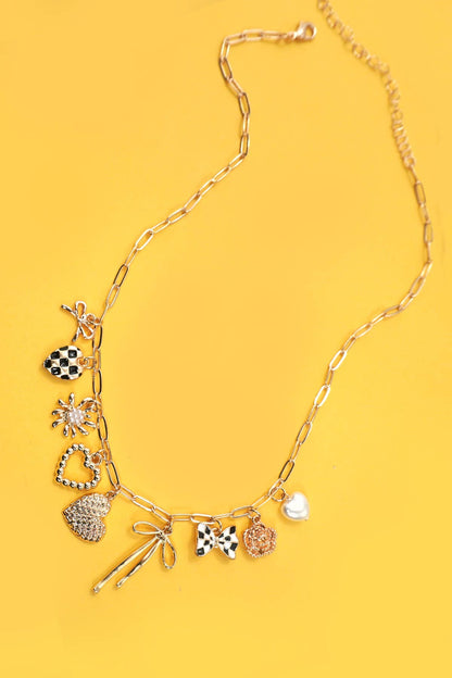 Charm Necklace-Bow Checker Heart Floral