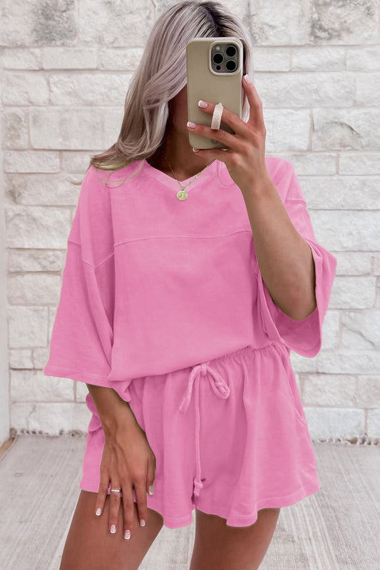 Pink Solid Loose V Neck Half Sleeve Tee and Shorts