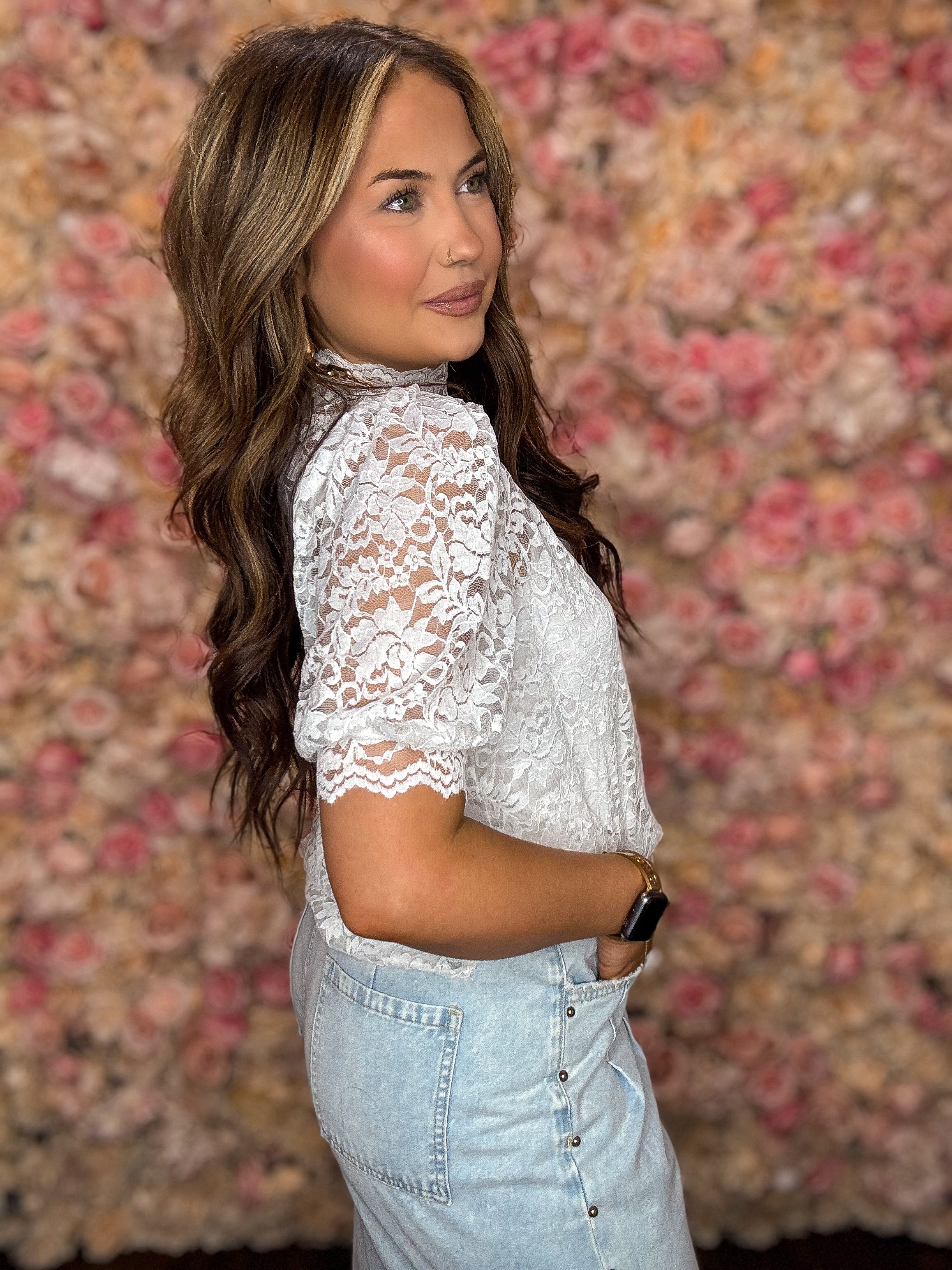 Ivory Lace Mock Neck Blouse