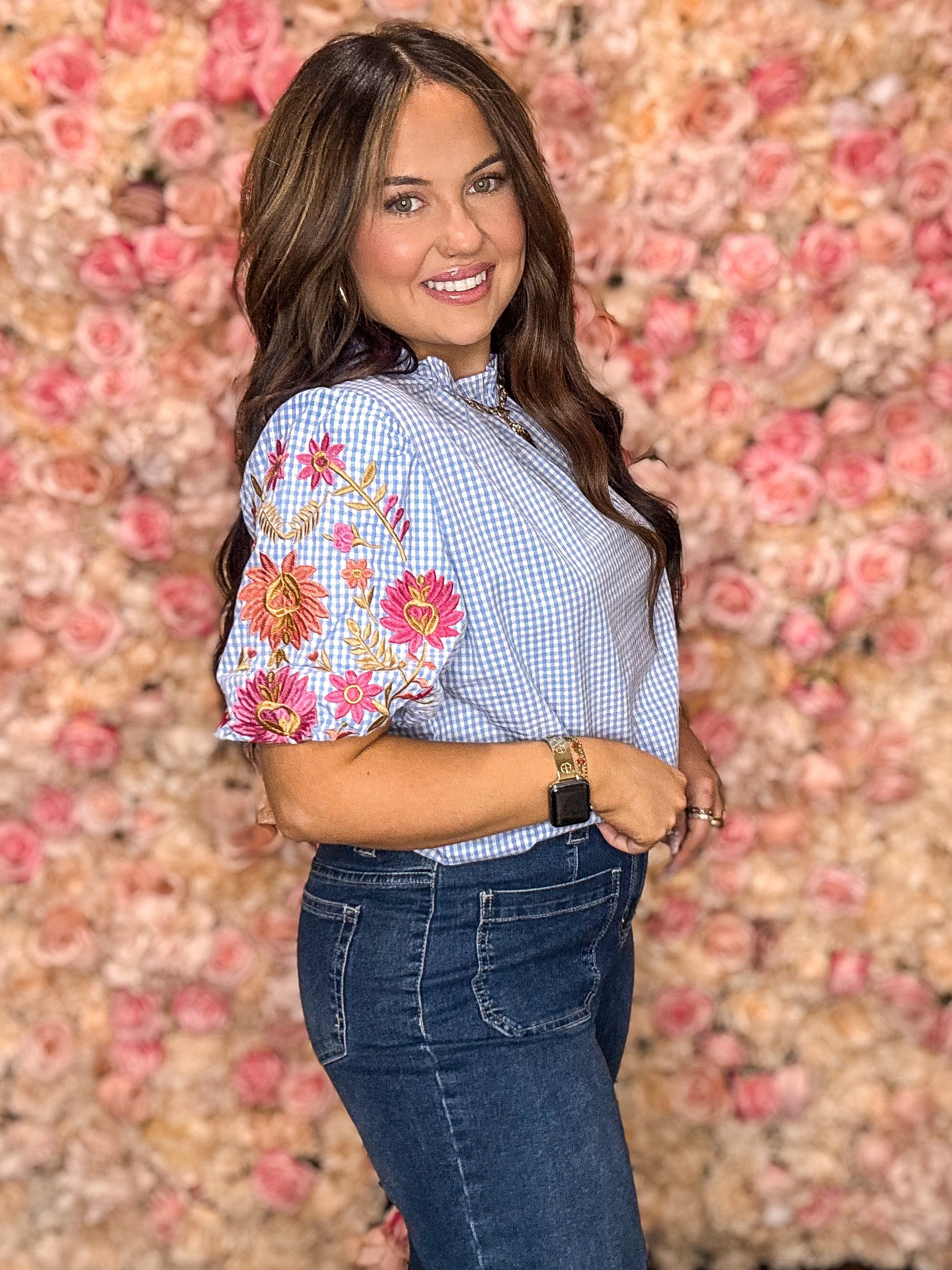 Sky Blue Gingham Embroidered Puff Sleeve Blouse