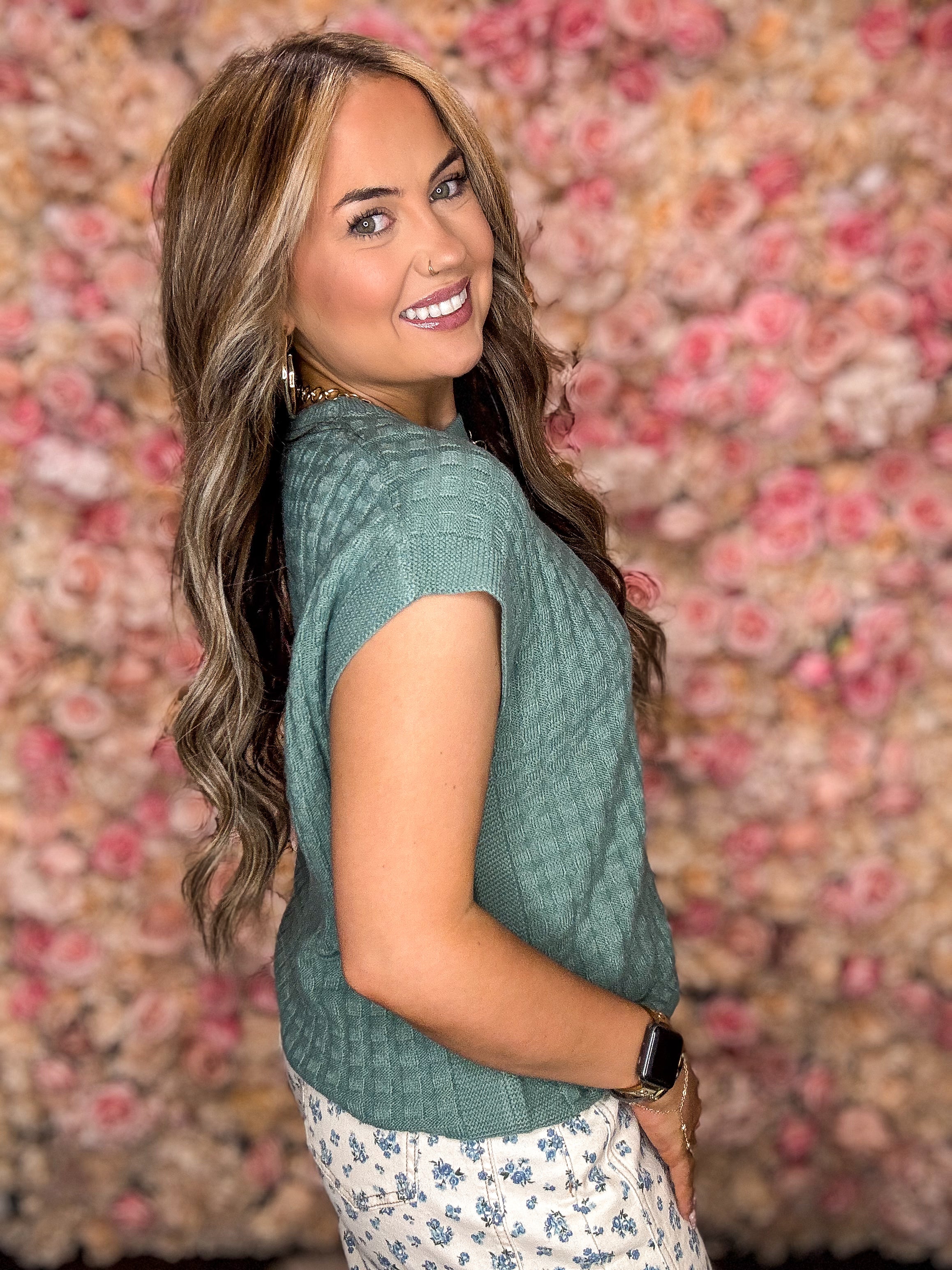 Evergreen Checker Textured Sweater Top