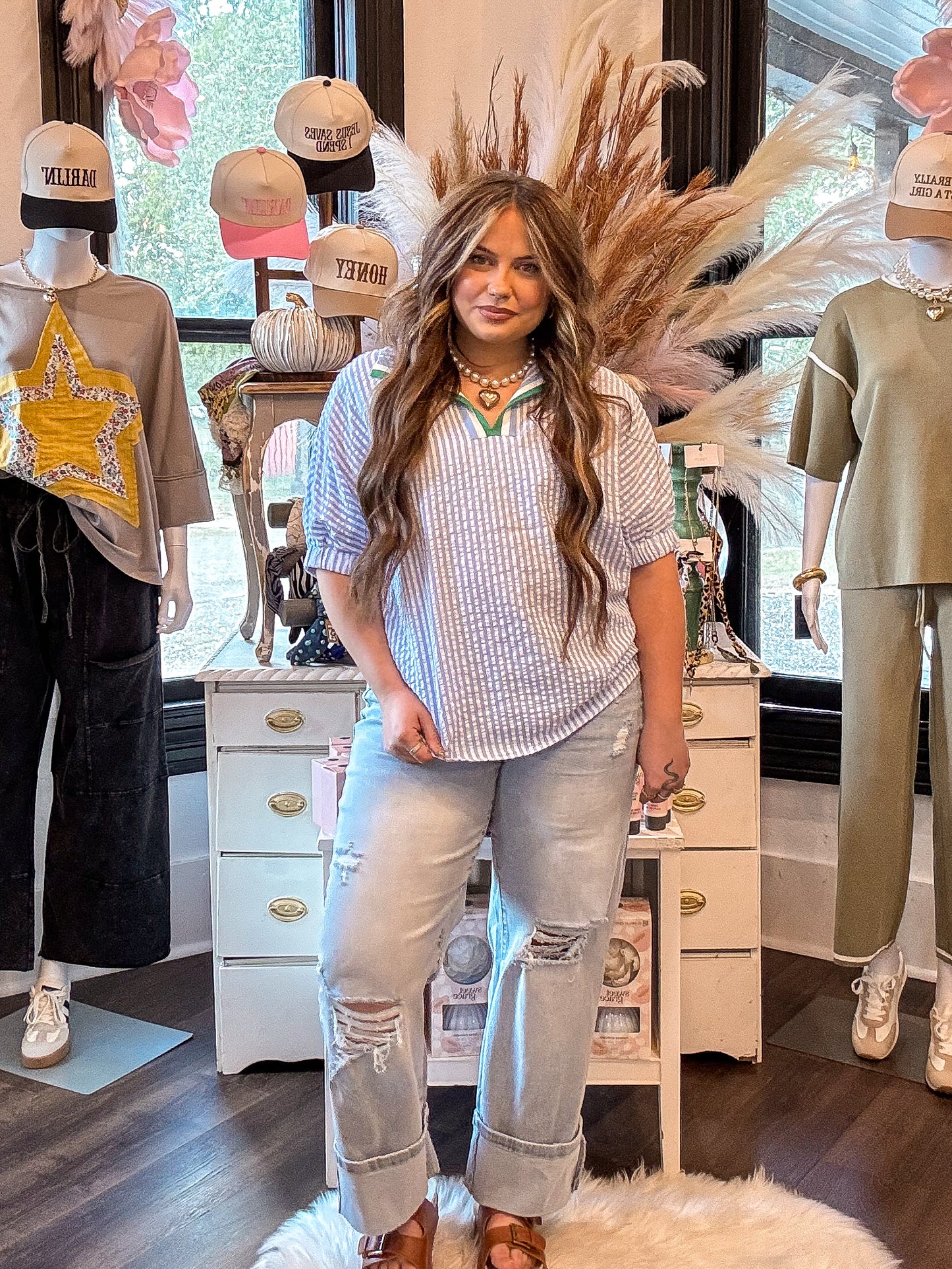Sky Blue Striped Dolman Sleeve Blouse