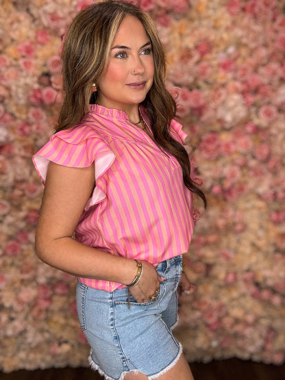 Pink Stripe Ruffle Sleeve Blouse