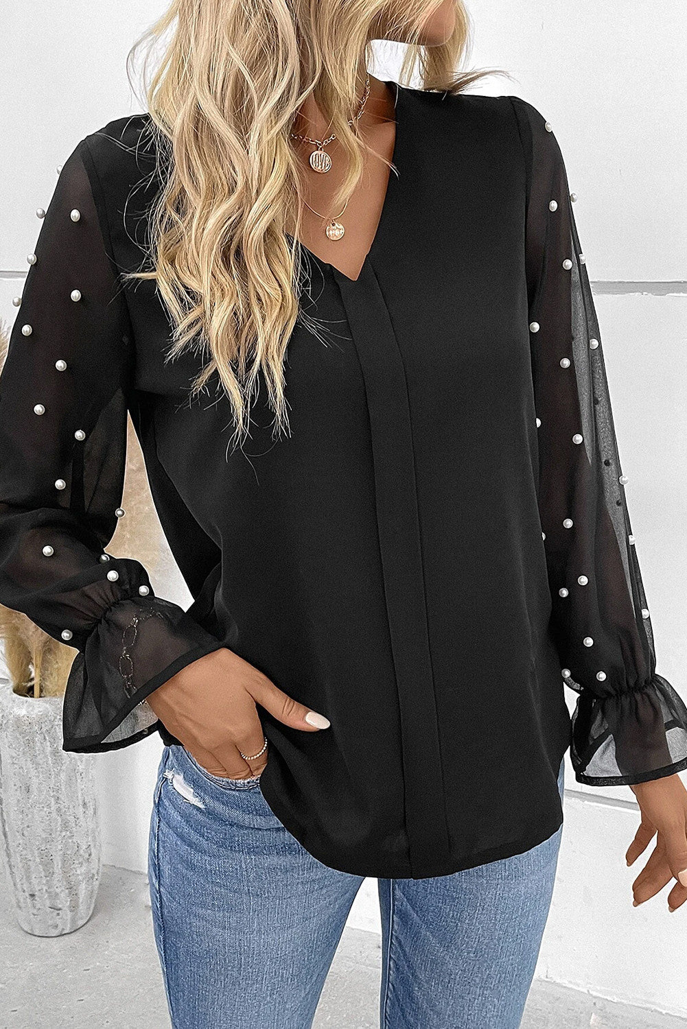 Black Pearl Mesh Sleeve V Neck Blouse