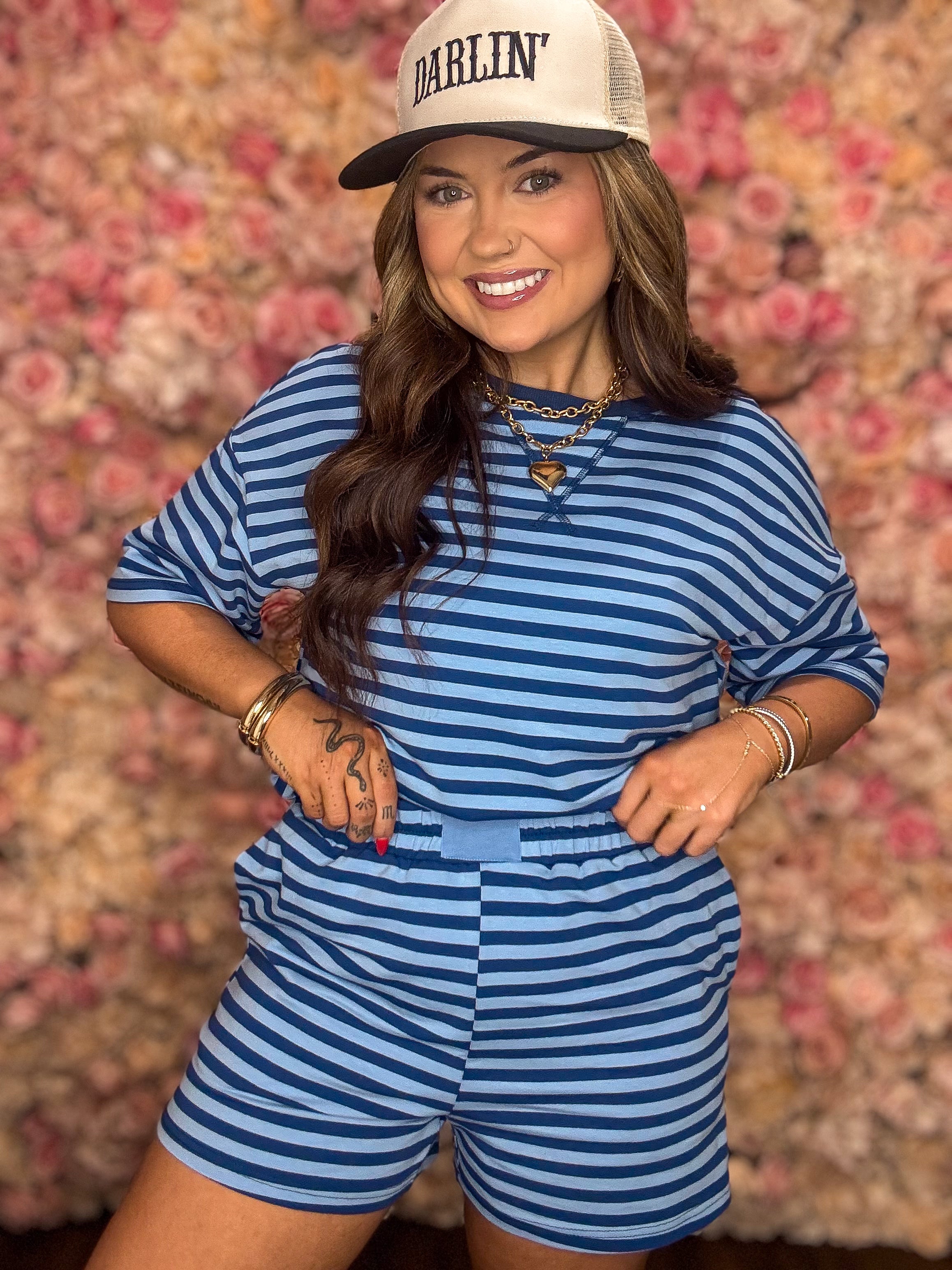 Two Tone Blue Striped Top and Short Set